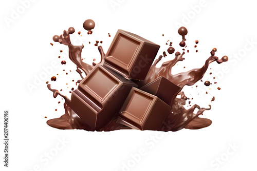 Chocolate squares breaking apart with liquid splash and droplets isolated background.