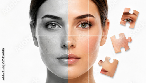 Skin analysis realistic beauty portrait with face transformation puzzle pieces for skincare concept