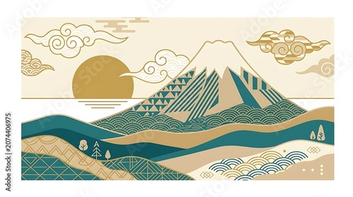 Illustrated mountain landscape with golden decorative elements