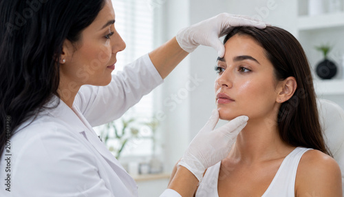 Dermatology consultation realistic photo of doctor examining woman face in skincare clinic
