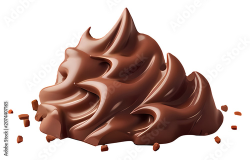 Creamy milk chocolate swirl dollop with falling small shavings isolated on transparent studio background.