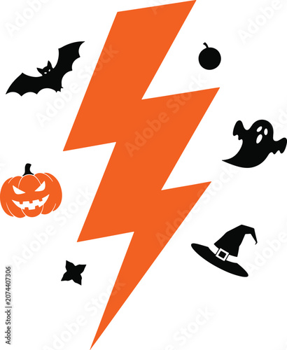 Halloween lightning bolt with bat pumpkin ghost witch hat and spooky symbols