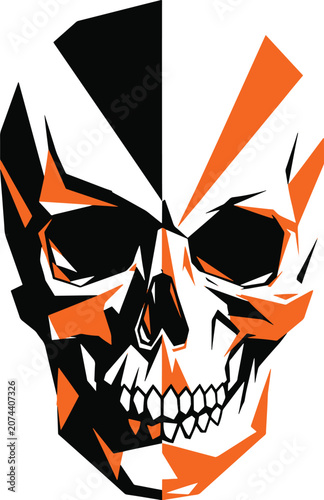 Abstract skull face composed of geometric orange and black shapes