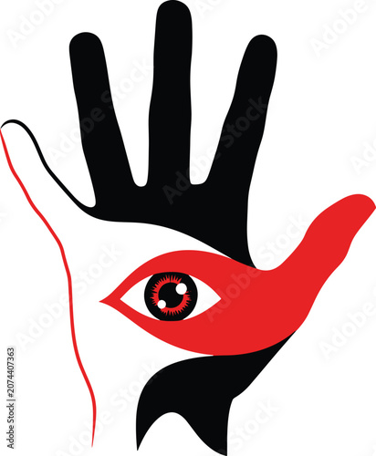 Abstract illustration of hand and eye in black and red colors modern art concept