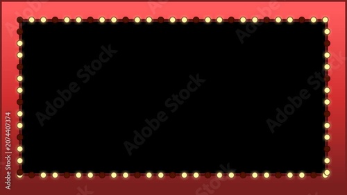 Red vintage marquee frame with flashing yellow light bulbs around black copy space for cinema or theater announcements