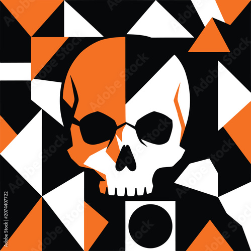 Abstract geometric skull illustration with orange and black triangular mosaic pattern art