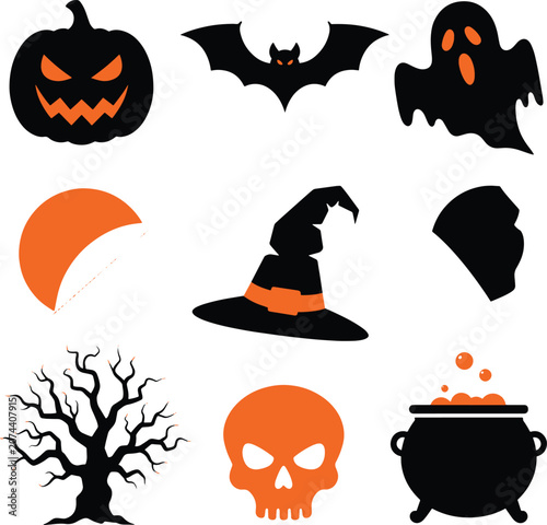 Halloween spooky black silhouettes collection including pumpkin bat ghost tree skull cauldron hat