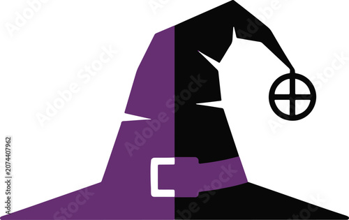 Half purple half black witch hat with lantern hanging on side halloween costume accessory