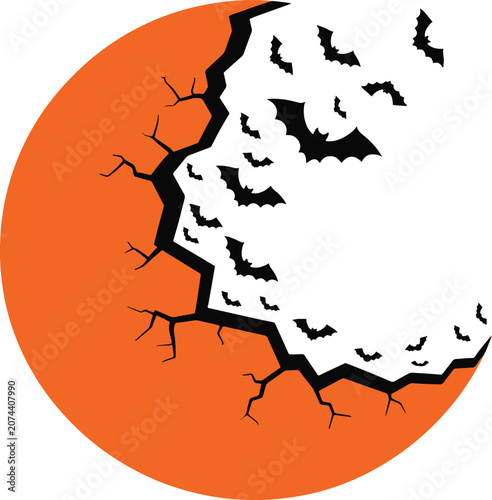 Orange full moon with bats flying out from cracks in night sky halloween concept