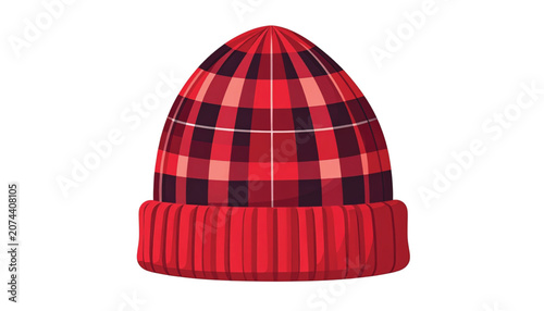 Red Plaid Knit Winter Beanie Hat.