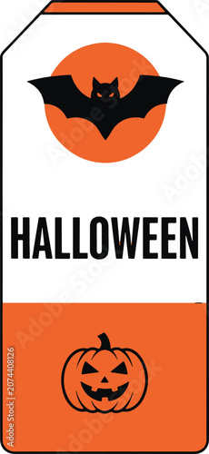 Vertical halloween tag design featuring black bat silhouette and orange pumpkin vector art