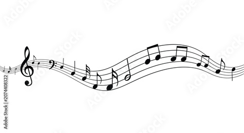 Musical notes and symbols flowing across a curved staff line represent melody and harmony for creative arts, music education, and design.