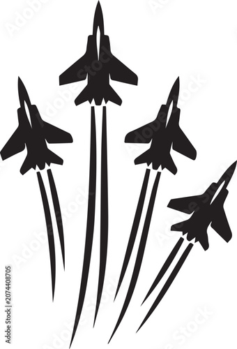 Black silhouette of four jet fighters flying in formation Vector, illustration