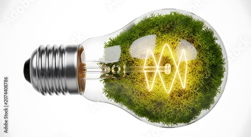 Macro studio shot of a transparent glass light bulb lying horizontally on a white background, filled with green moss and featuring a glowing warm filament, symbolizing green energy.