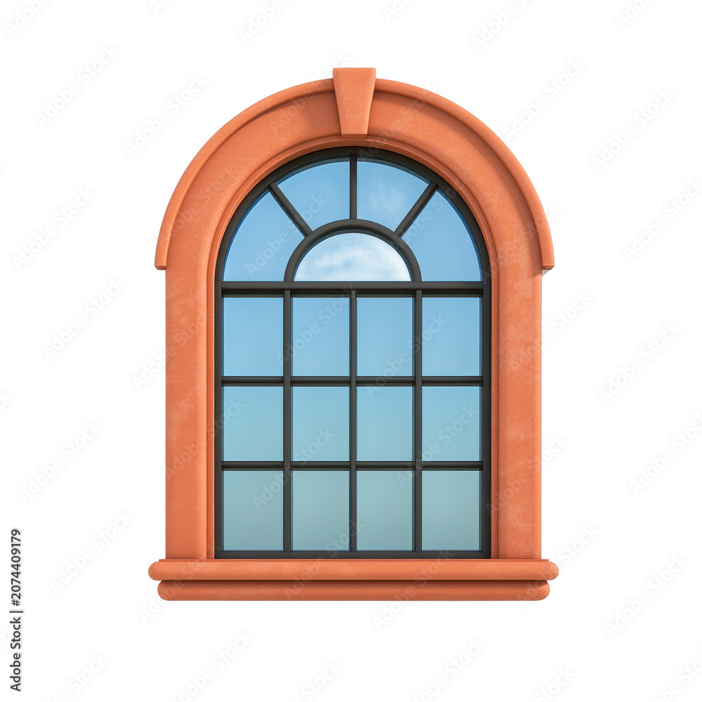 Fototapeta premium Vintage arched window with black frame and blue sky view