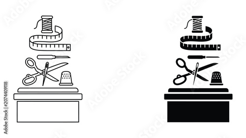 Vector sewing tools and accessories on wooden table illustration