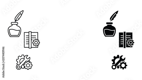 Vector icons of perfume bottle and mechanical gears in flat line art style