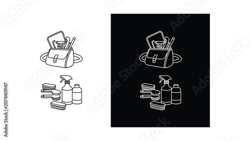 Vector illustration of magician hat with magic accessories and potion bottles on white and black backgrounds