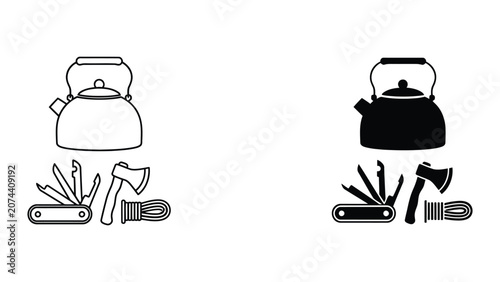 Vector camping gear set with tent and cooking equipment illustration