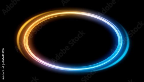 Glowing neon oval ring light effect on black background, colorful circular gradient, abstract energy aura