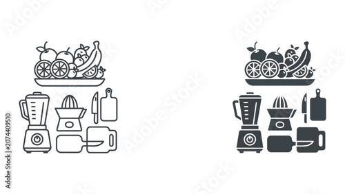 Vector illustration of kitchen appliances and fruit in flat design