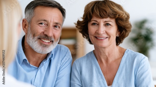 Senior couple smiling while discussing real estate options in a bright, modern office setting with plants and shelves in the background