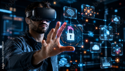 Virtual reality cybersecurity scene with man using VR headset and futuristic holographic data interface
