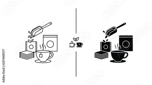 Vector illustration of coffee preparation with tea and books in line art style