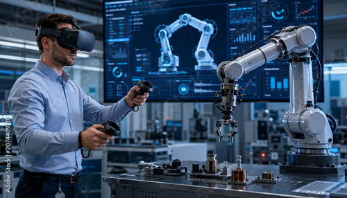 Virtual reality robotics engineer using VR headset to control industrial robot arm in smart factory lab