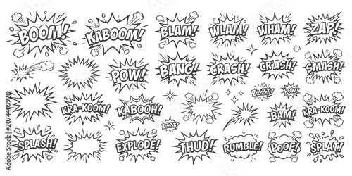 Tableau sur toile Set of comic book sound effect speech bubbles with explosive text like boom bang