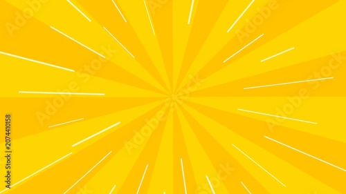 Yellow sunburst background with radial rays and white motion lines rotating to create energetic comic pop art visuals.