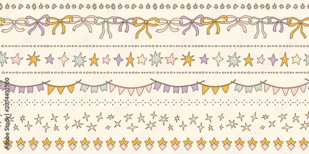Fototapeta premium Seamless Christmas patterns with bow knots garland, stars and flags on pink. Trendy xmas stripes design. Hand drawn vector illustration. Holiday background, wrapping paper.