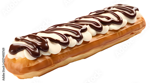 Long eclair pastry filled with cream and topped with chocolate drizzle on transparent background.