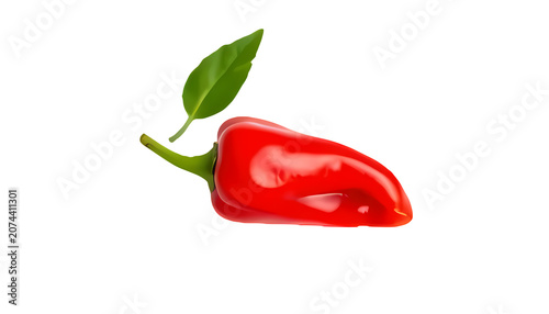 Red chili pepper with green leaf, spicy ingredient, healthy food, vibrant color.