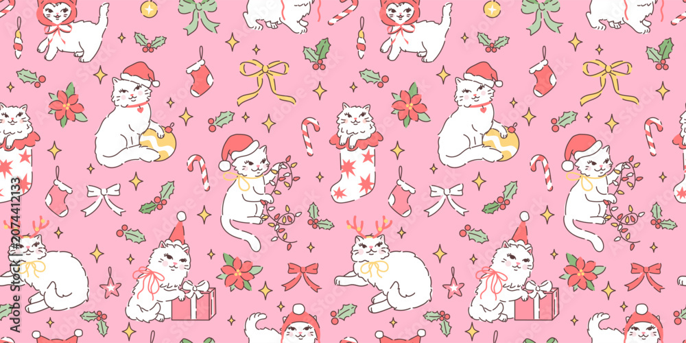 Fototapeta premium Seamless pattern with Cute Christmas white fluffy cats in Santa hats. Hand drawn vector illustration in vintage style. Funny retro pet character background template. Holiday wrapping paper.