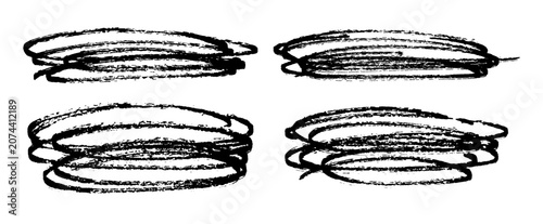 Set of grunge black brushstroke ovals. Isolated oval brushstroke loop, textured ink layout, abstract scribble ellipse shape, distressed ink element and paint trace for creative text highlight