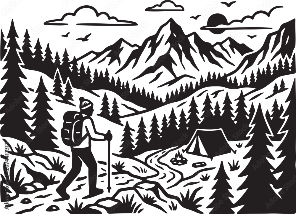 Fototapeta premium Black and white, vintage hiking illustration, mountain landscape, adventure travel