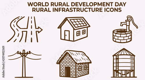 Fotografie World Rural Development Day rural infrastructure icons set featuring road solar