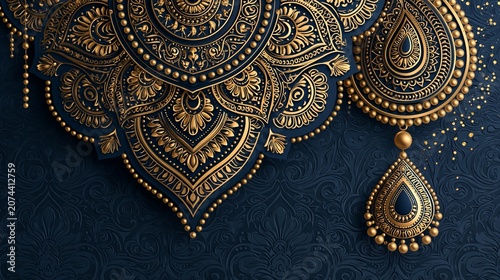 Intricate gold mandala design with ornate floral patterns set against a deep blue textured background for luxury festive holiday celebrations