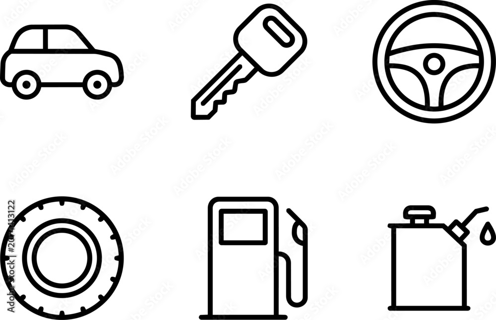 Fototapeta premium Automotive and Vehicle Outline Vector Icons Set