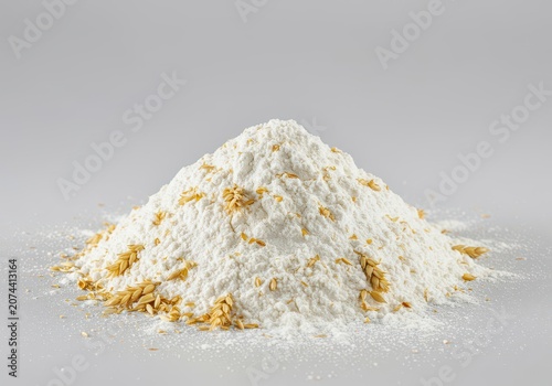 A bright white mound of finely ground wheat flour, decorated with golden spikelets, isolated against a pure background, ready for baking, baking, backdrop, mound