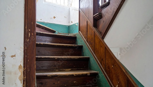Aged wooden staircase with peeling paint and grimy steps, hinting at decay