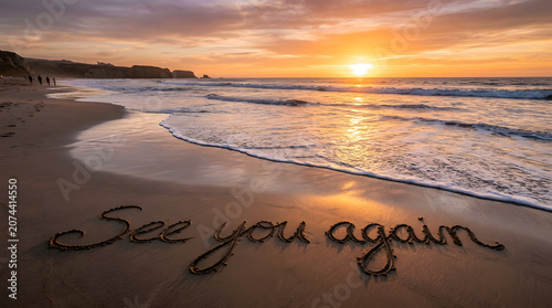 See You Again Message in the Sand: The words See you again are written in the sand on a beach, with the ocean waves gently washing ashore and a beautiful sunset painting the sky with warm hues.