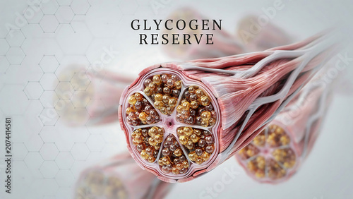 Muscle fiber with glycogen reserve organelles and pink and white tissues on a white textured background