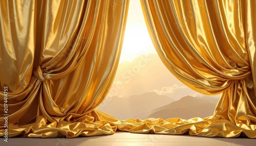 Golden drapes parted, revealing sunlit mountains and clouds