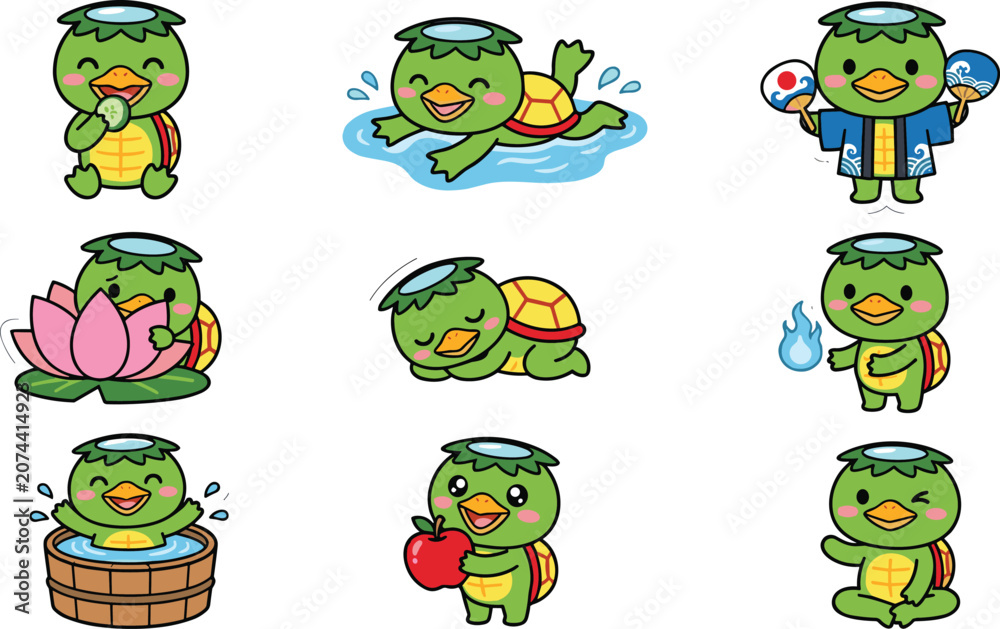 Fototapeta premium Cute Kappa Character Collection Vector Set with Swimming Hot Spring Lotus Apple Summer Festival and Japanese Folklore Illustrations