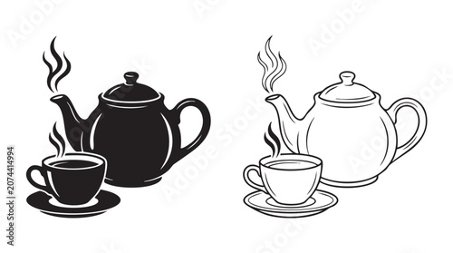 Konstfotografi teapot and cup icon set with steam and lid detail