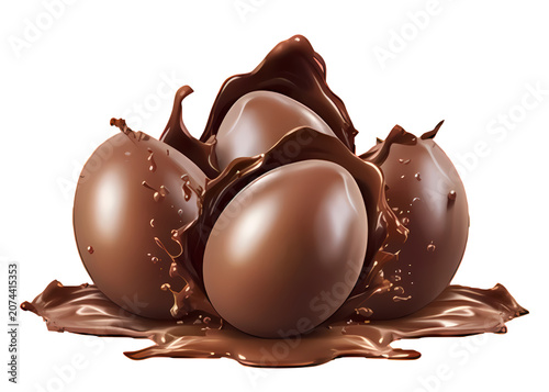 Three chocolate eggs splashing in liquid chocolate isolated on transparent background for easter time.