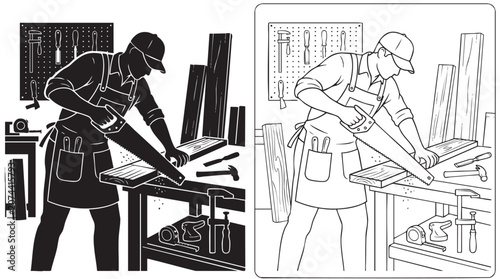 Картината върху платно carpenter using a handsaw on a workbench in a workshop