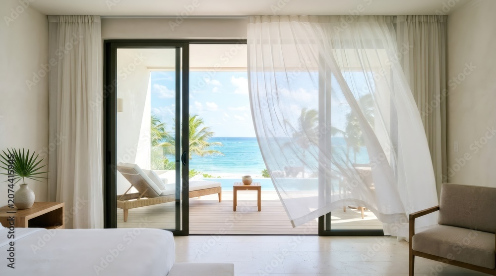 Fototapeta premium Modern hotel room with open balcony overlooking tropical beach and blue ocean. White sheer curtain blowing in wind. Summer travel, luxury vacation, travel and relaxation concept.